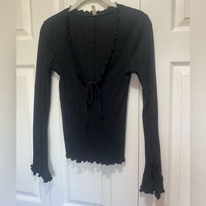 Intimately Free People Black Ruffle Trim Long Sleeve Top Deep V Ribbed Size S